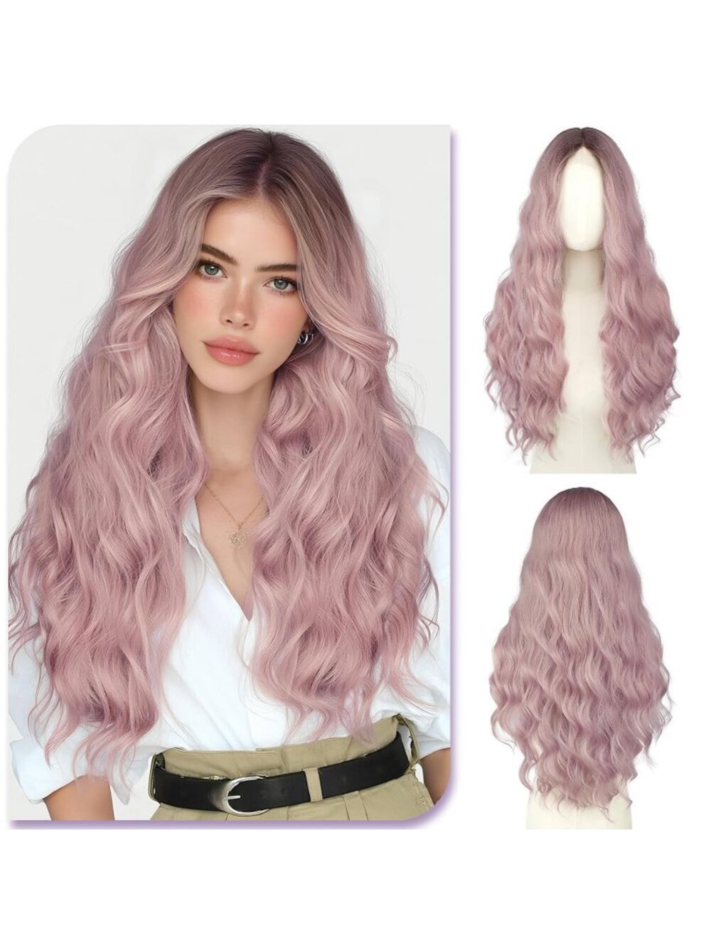 Women's Rose Gold Pink 28 Inch Lace Front Soft Synthetic Long Wavy Curly Wigs
